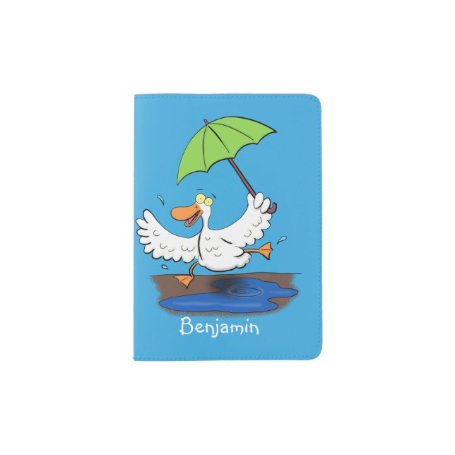 Funny duck with umbrella dancing cartoon passport holder (Front)
