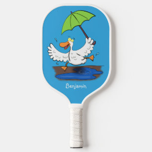 Funny duck with umbrella dancing cartoon pickleball paddle