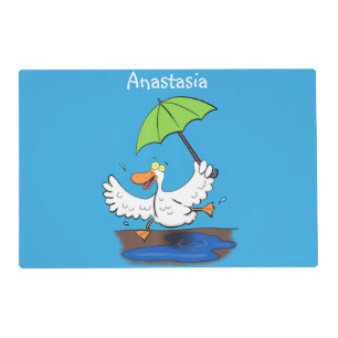 Funny duck with umbrella dancing cartoon placemat