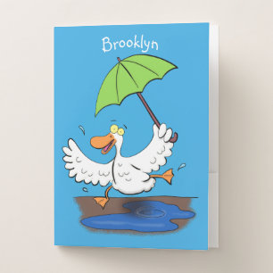 Funny duck with umbrella dancing cartoon pocket folder