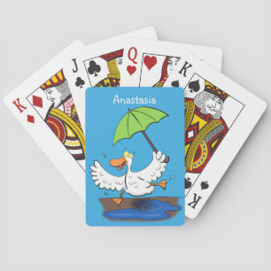 Funny duck with umbrella dancing cartoon poker cards