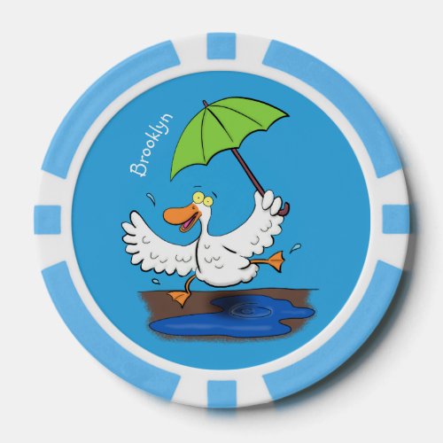 Funny duck with umbrella dancing cartoon poker chips