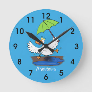 Funny duck with umbrella dancing cartoon round clock