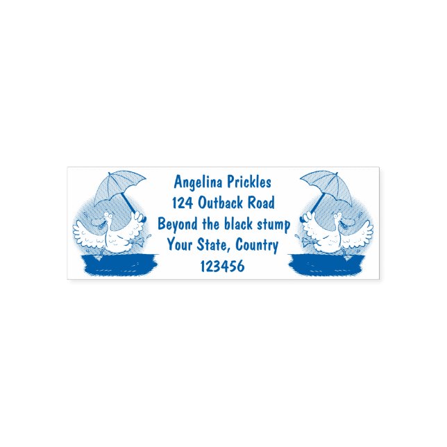 Funny duck with umbrella dancing cartoon self-inking stamp (Design)