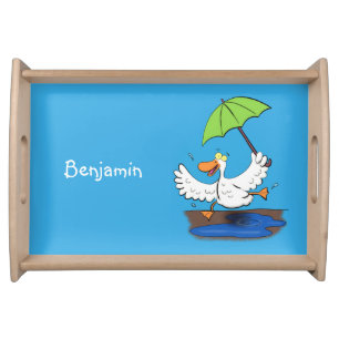 Funny duck with umbrella dancing cartoon serving tray
