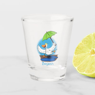 Funny duck with umbrella dancing cartoon shot glass