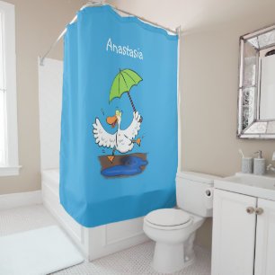 Funny duck with umbrella dancing cartoon shower curtain