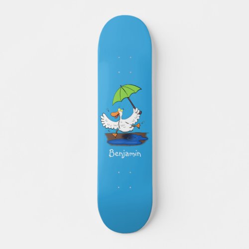 Funny duck with umbrella dancing cartoon skateboard
