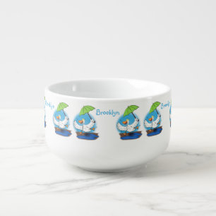 Funny duck with umbrella dancing cartoon soup mug