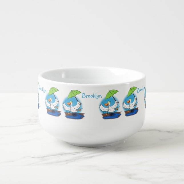 Funny duck with umbrella dancing cartoon soup mug (Front)