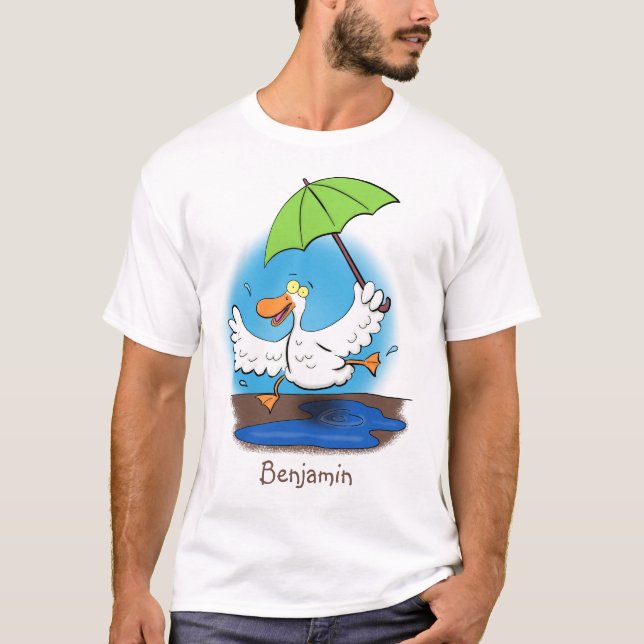 Funny duck with umbrella dancing cartoon T-Shirt (Front)
