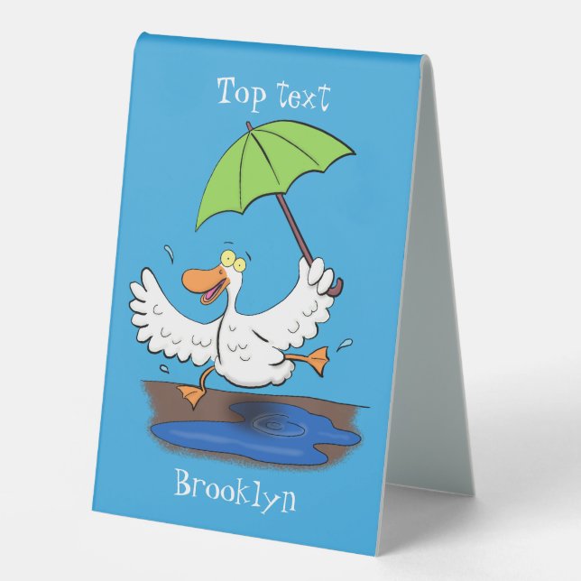 Funny duck with umbrella dancing cartoon table tent (Front)