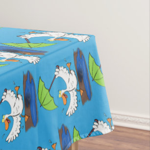 Funny duck with umbrella dancing cartoon tablecloth