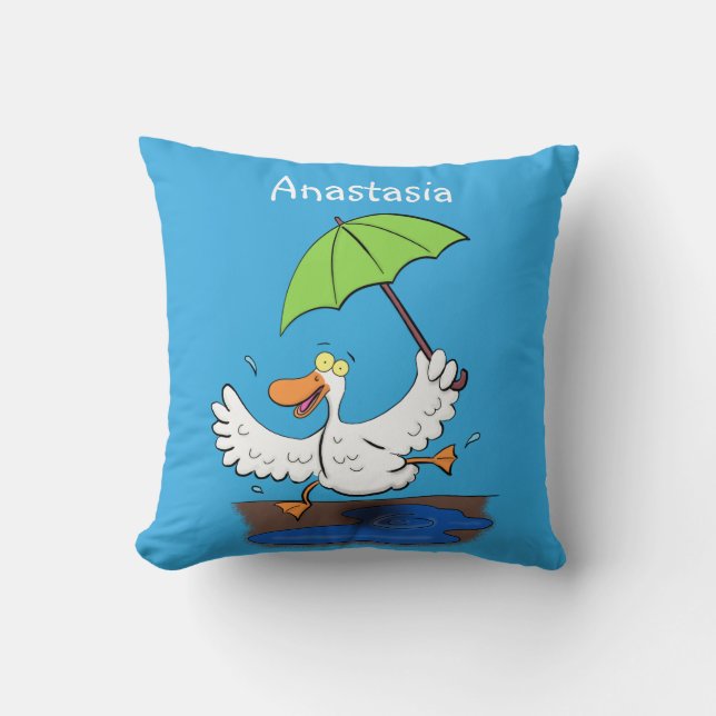 Funny duck with umbrella dancing cartoon throw pillow (Front)