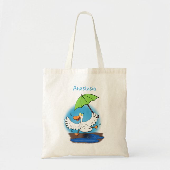 Funny duck with umbrella dancing cartoon tote bag (Front)