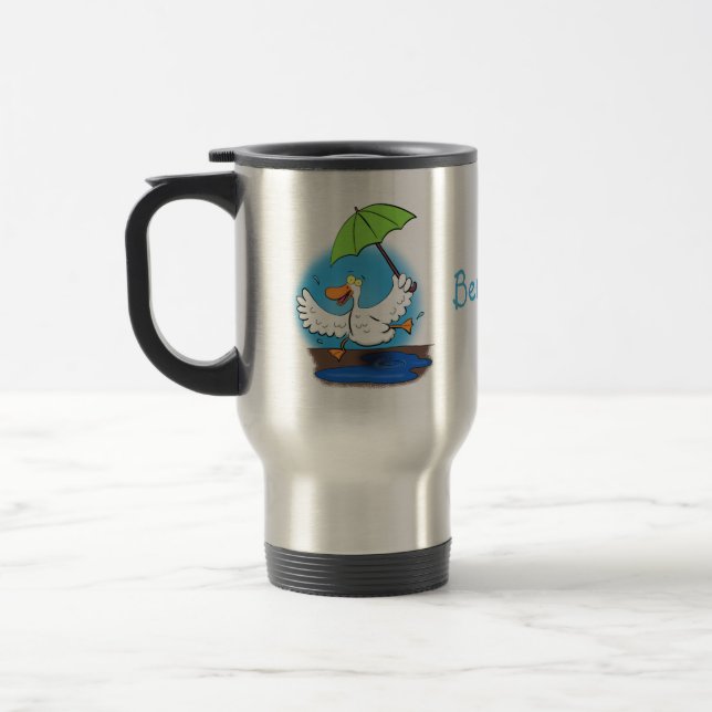 Funny duck with umbrella dancing cartoon travel mug (Left)