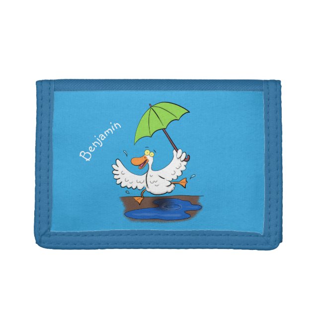 Funny duck with umbrella dancing cartoon trifold wallet (Front)