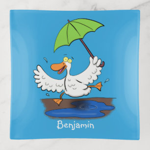 Funny duck with umbrella dancing cartoon trinket tray