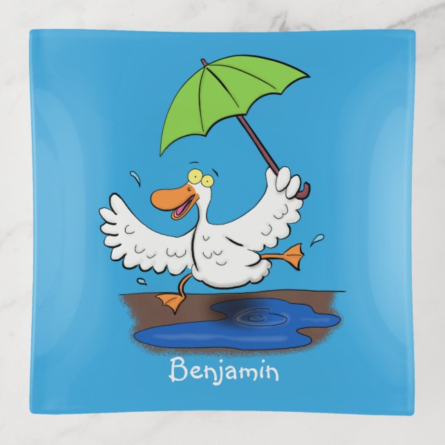 Funny duck with umbrella dancing cartoon trinket tray (Front)