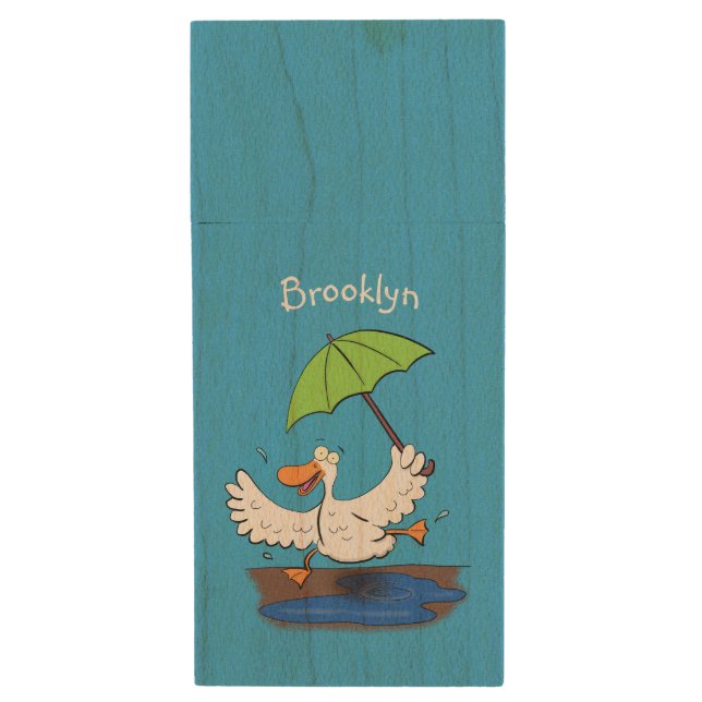 Funny duck with umbrella dancing cartoon wood flash drive (Front Vertical)