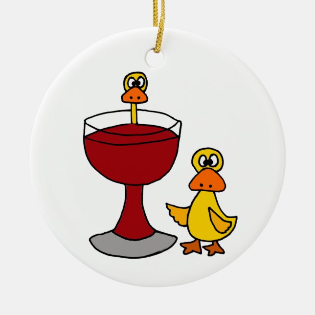 Funny Ducks with Red Wine Glass Ceramic Ornament (Front)