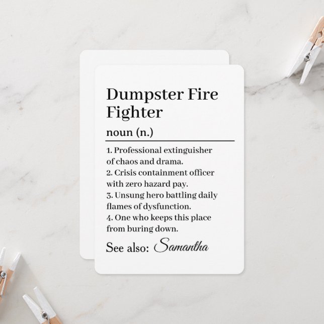 Funny Dumpster Fire Fighter Definition Card (Front/Back In Situ)