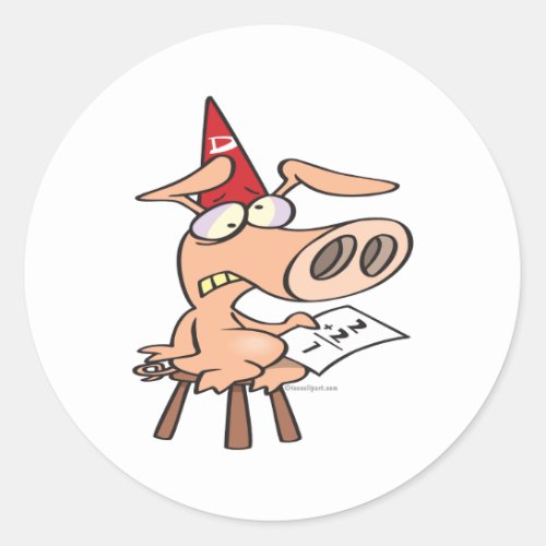 funny dunce dumb pig cartoon classic round sticker