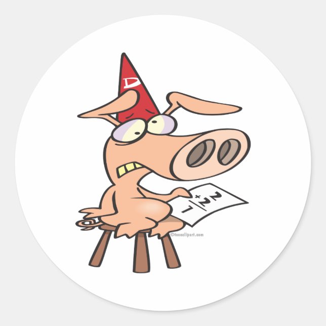 funny dunce dumb pig cartoon classic round sticker (Front)