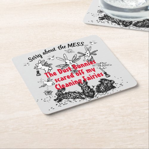 Funny Dust Bunny Cleaning Fairy Rabbit Excuse Mess Square Paper Coaster