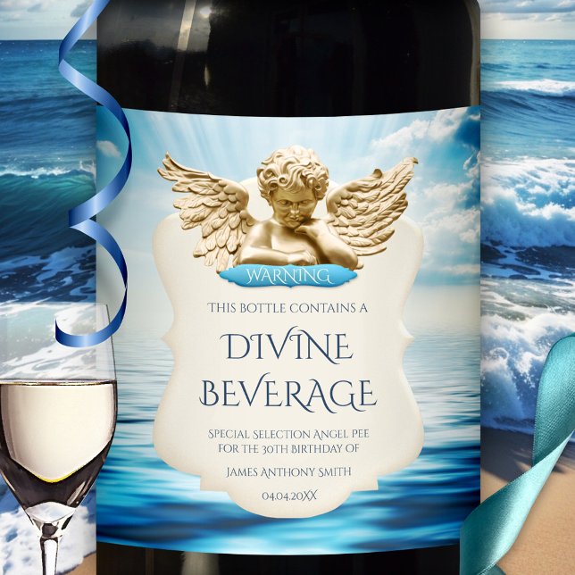 Funny Dutch Humor Angel Birthday Wine Label (Funny angel pee divine beverage ocean personalized wine label)