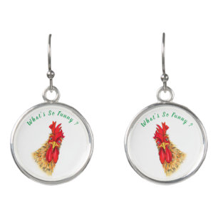 Funny Earrings Surprised Rooster - Custom Text
