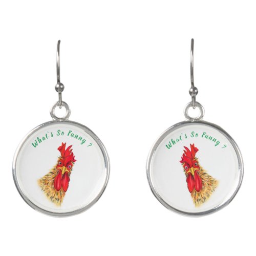 Funny Earrings Surprised Rooster _ Custom Text