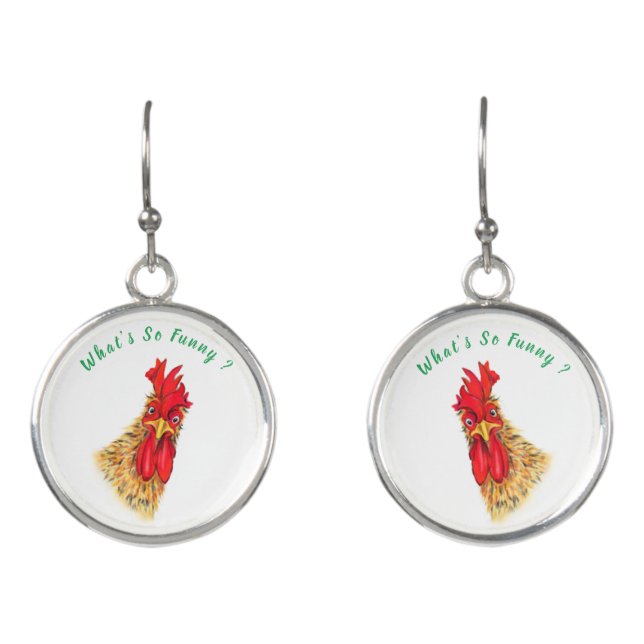 Funny Earrings Surprised Rooster - Custom Text (Front)