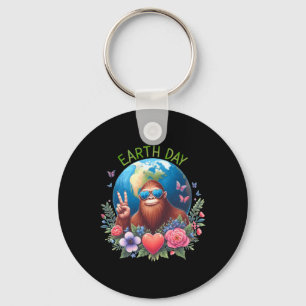 Funny Earth Day Peace Sign Bigfoot Sasquatch Savin Keychain