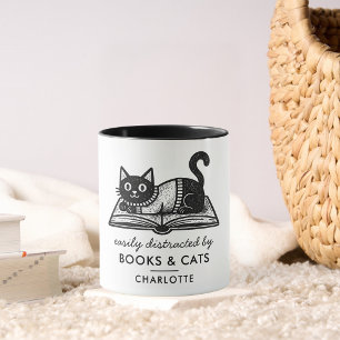 Funny Easily Distracted by Books and Cats Coffee Mug