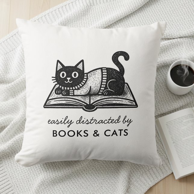Funny Easily Distracted by Books and Cats  Throw Pillow (Creator Uploaded)