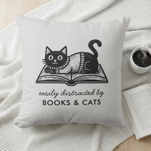 Funny Easily Distracted by Books and Cats Throw Pillow