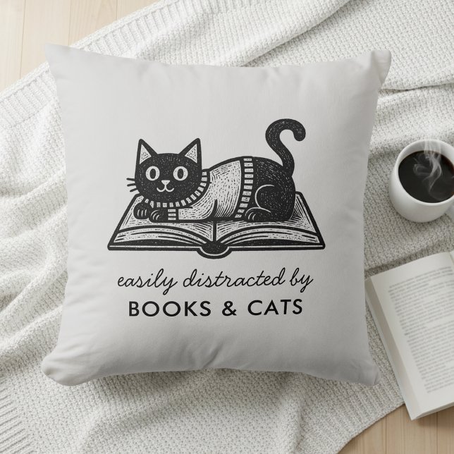 Funny Easily Distracted by Books and Cats  Throw Pillow (Creator Uploaded)
