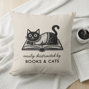 Funny Easily Distracted by Books and Cats Throw Pillow