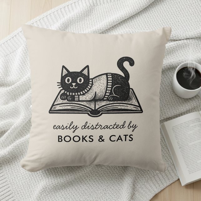 Funny Easily Distracted by Books and Cats  Throw Pillow (Creator Uploaded)