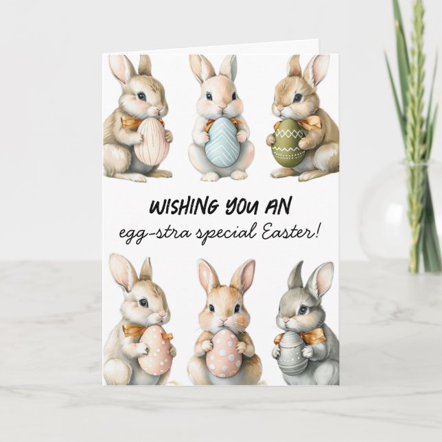 Funny Easter Bunnies with Colorful Eggs Card (Front)