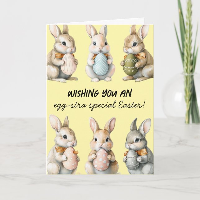 Funny Easter Bunnies with Colorful Eggs Card (Front)