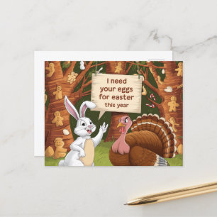 Funny Easter Bunny Asks Thanksgiving Turkey Eggs Postcard