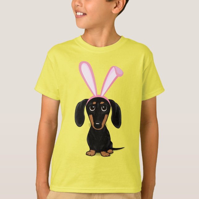 Funny Easter Bunny Dog Black and Tan Dachshund T-Shirt (Front)