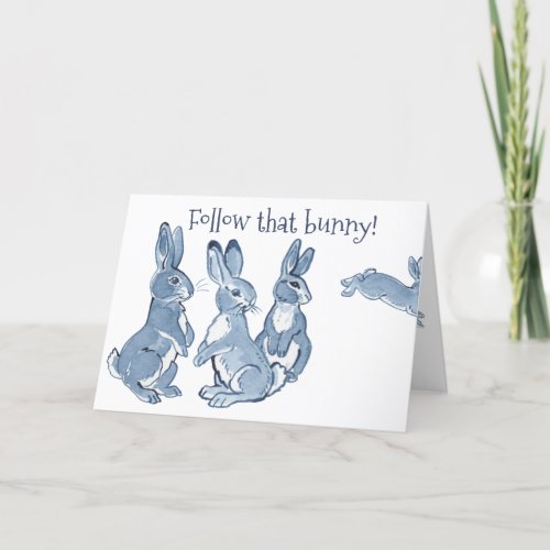 Funny Easter Bunny Rabbit Blue  White Delft Art Holiday Card