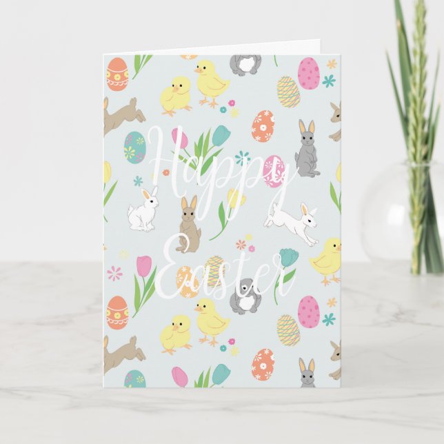 Funny Easter card with bunnies and eggs (Front)