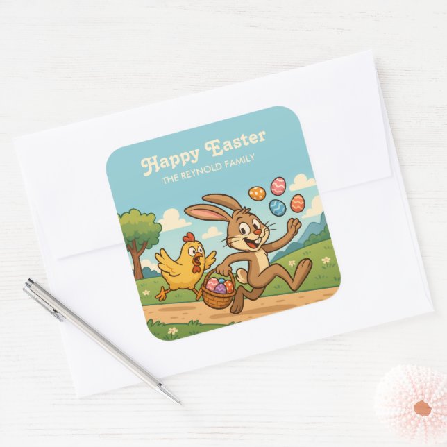 Funny Easter Cartoon | Bunny Steals Eggs from Hen Square Sticker (Envelope)