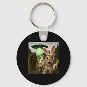 Funny Easter Cat Selfie with Bunny Bigfoot UFO Keychain