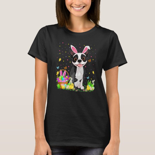 Funny Easter Egg Hunt Boston Terrier Dog Easter T-Shirt (Front)