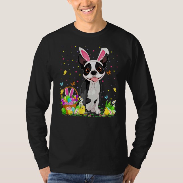 Funny Easter Egg Hunting Boston Terrier Dog Easter T-Shirt (Front)
